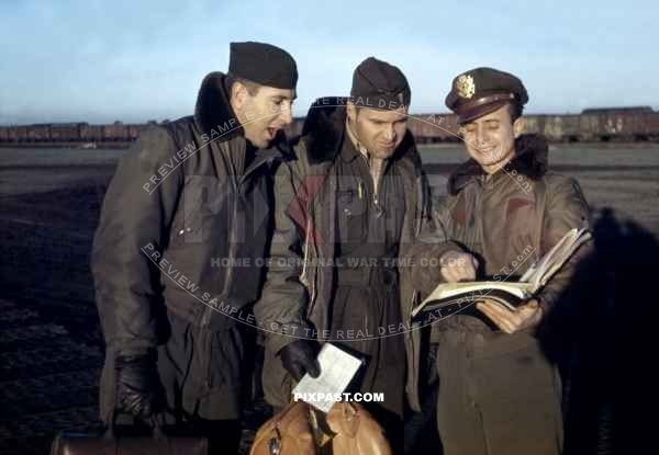 3 American USSAF pilots joking after a flight delivering food and coal to blockaded Berlin. Fliegerhorst Fassberg June 1948