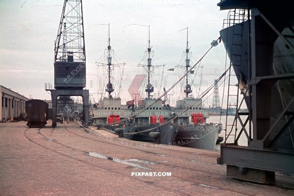 3 German Kriegsmarine M1 Minesweeper Minensuchboot in the Port of Bordeaux France June 1940