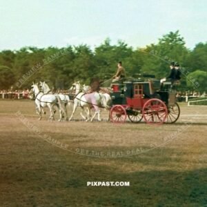 4 horse drawn carriage. Hengstparade Horse Show in Castle Schloss Moritzburg near Dresden 1939