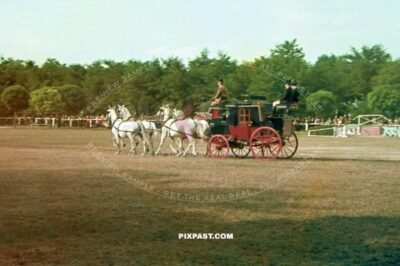 4 horse drawn carriage. Hengstparade Horse Show in Castle Schloss Moritzburg near Dresden 1939