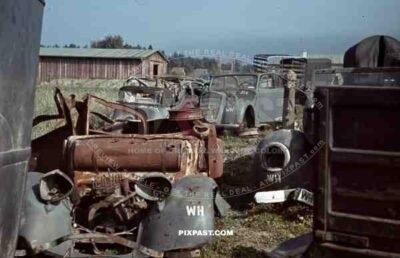 50.Inf.Div. Versorgungseinheiten 354. Latour-de-Carol, France 1940. Wehrmacht, scrap, heap, cars, destroyed.