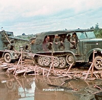 88mm artillery piece is towed by a SdKfz 6 half-track, 19th Panzer Division, Minsk, Russia 1941