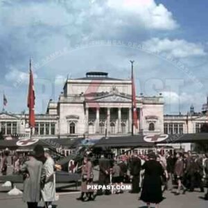 A Fieseler Storch plane at the Augustustplatz in Leipzig, Germany 1940. New Theater