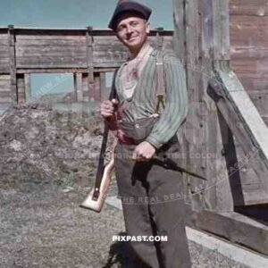 A German soldier wearing a captured Polish army hat. Shooting Training grounds in Poland 1939