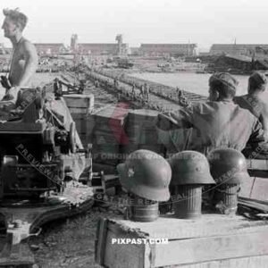 A Germany army anti-aircraft FLAK unit securing a make-shift pontoon bridge over the river Donau. Kalach-na-Donu 1942