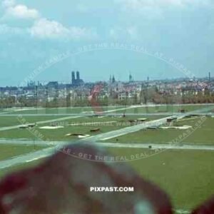 A View of Munich City from the Bavaria Statue / Theresienwiese being used as anti-aircraft Flak base. Munich Germany 1942