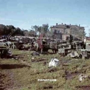 A scrap yard of destroyed German army vehicles. Near Orel Russia 1941.