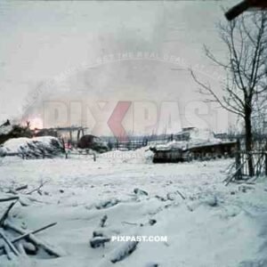Abandoned panzer tank 3 in snow camo, Russian winter, 1943, burning village, 207th Infantry Division Wehrmacht,