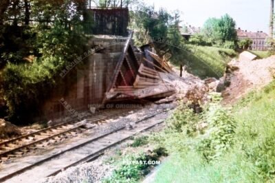 Allied bombing of Austrian Vienna railway train bridge. May 1945.