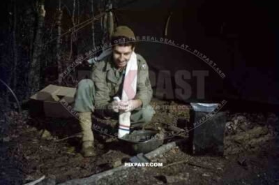 American GI soldier 9th air force resting in forest camp. Erlangen near Nuremberg Bavaria 1945.