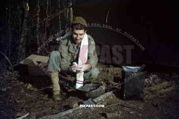 American GI soldier 9th air force resting in forest camp. Erlangen near Nuremberg Bavaria 1945.