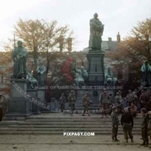 American GI soldiers resting beside Luther Monument in Worms Germany 1945 Lutherdenkmal
