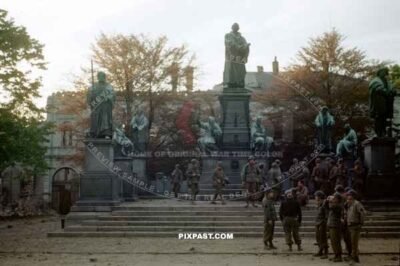 American GI soldiers resting beside Luther Monument in Worms Germany 1945 Lutherdenkmal