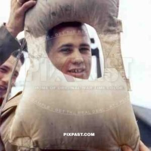 American GI with his Life Jacket on board a landing craft off shore from the beaches of Omaha Normandy D-Day plus 10