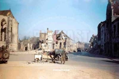 American MP Military Police doing traffic duty beside  the Church of St. Maria Magdalena Geldern September 1944944
