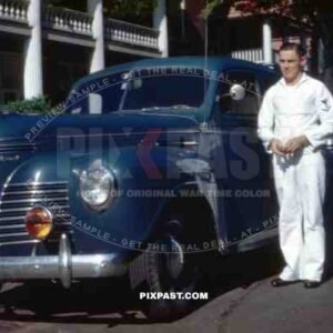 American Navy sailor with P9 Roadking Plymouth Sedan. 65th Engineer Battalion. Schofield Barracks. Pearl Harbor. 1941