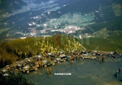American Soldiers Capturing Hitlers Eagles Nest May 1945. Park outside Tunnel entrance to Kehlsteinhaus. Obersalzberg.