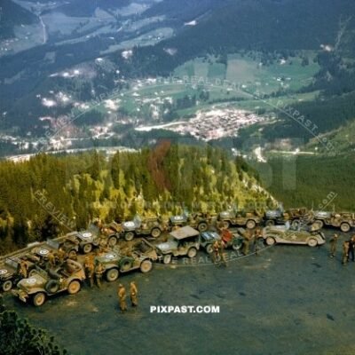 American Soldiers Capturing Hitlers Eagles Nest May 1945. Park outside Tunnel entrance to Kehlsteinhaus. Obersalzberg.
