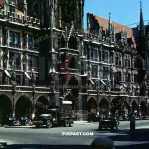 American allied trucks in front of the city hall in Munich, Germany 1945