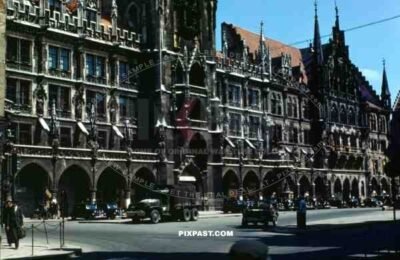 American allied trucks in front of the city hall in Munich, Germany 1945