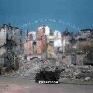 American army Willy Jeep of the 101st Cavalry Regiment enter destroyed Milan Italy 1945.