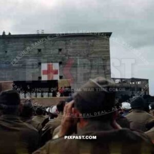 American comedian Bob Hope doing USO show for American soldiers in front of German Troop Bunker Bremerhaven 1945