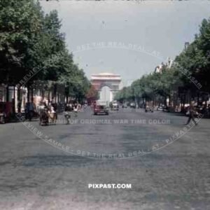 American military cars and trucks at the Arc de Triomphe in Paris, France 1945