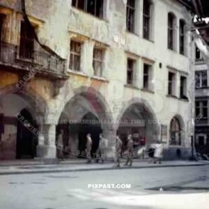 American soldiers inspecting burned out Hofbrauhaus Munich, Germany 1945.