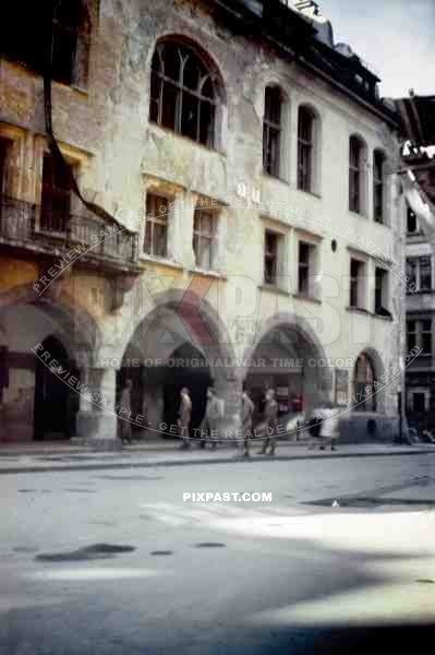 American soldiers inspecting burned out Hofbrauhaus Munich, Germany 1945.