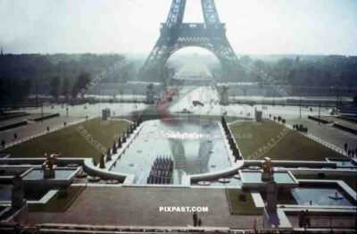 American troops Liberation Paris France 1944. Eiffel Tower and Palais de Chailot.