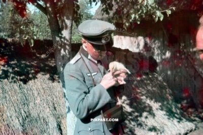 Army doctor belonging to the 297 Infantry Division near Stalingrad 1942. Holding baby chicken. camera around neck