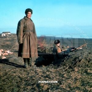 Asian Soviet troops in Russian uniform manning German rifle bunker position on side of Volga near Stalingrad 1942