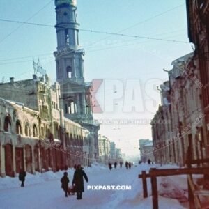 Assumption Cathedral in Kharkiv. Church on main shop street. Badly bombed. Kharkiv Ukraine 1942. Kharkov