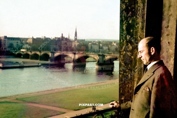 Augustusbrucke Bridge Dresden Saxony Germany 1939. Direction Altstadt over the Elbe River.