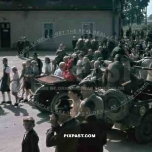 Austria 1945 Cardinal Innitzer in horse cart with American GI 1 star General Willy Jeep Church Parade