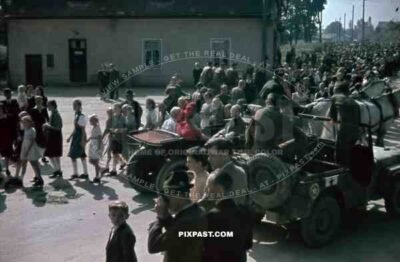 Austria 1945 Cardinal Innitzer in horse cart with American GI 1 star General Willy Jeep Church Parade