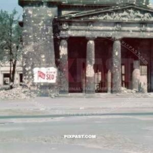 Badly damaged Neue Wache historical building. Unter den Linden. Berlin 1946. Political SED poster