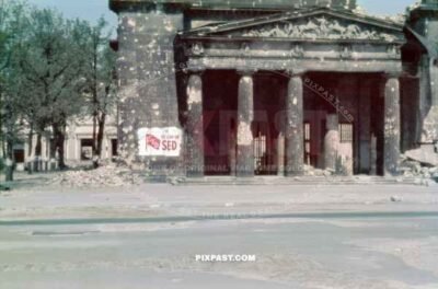 Badly damaged Neue Wache historical building. Unter den Linden. Berlin 1946. Political SED poster