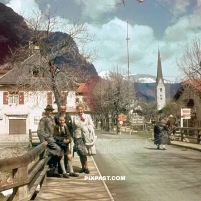 Bavarian family on holiday in Garmisch Partenkirchen Bayern Germany 1939. Hotel Husar. Alte Pfarrkirche St. Martin