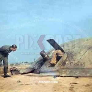 Belgium Fort Eben Emael 4.9. 1940. German soldier inspecting captured Fortification. Cupola 120