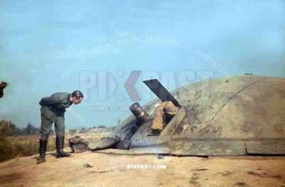 Belgium Fort Eben Emael 4.9. 1940. German soldier inspecting captured Fortification. Cupola 120