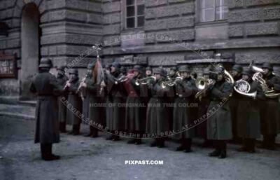 Berlin Germany 1944, Wehrmacht army music band playing music for city. Helmets and Music Instruments