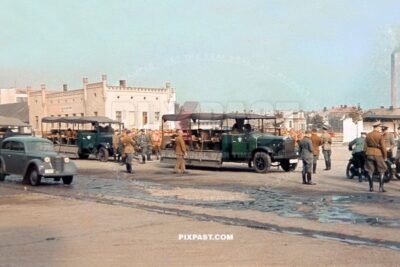 Berlin Polizei police with Mercedes Opel transport buses in green. Police Kaserne Barracks Berlin 1940