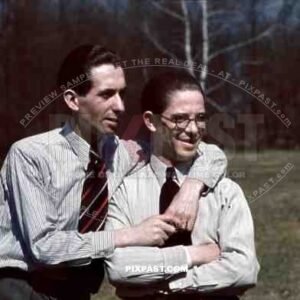 Best friends in Berlin Park 1940 suit tie glasses