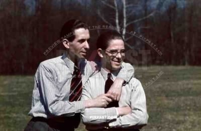 Best friends in Berlin Park 1940 suit tie glasses