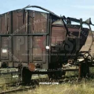 Blown up  German Reichsbahn railway wagon beside Bremerhaven harbour. Germany 1945