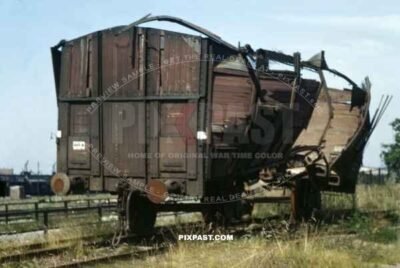 Blown up German Reichsbahn railway wagon beside Bremerhaven harbour. Germany 1945