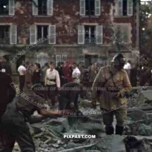 Bomb damage outside of Paris 1943, American aircraft day attack. French police and Luftwaffe soldiers. Palaiseau