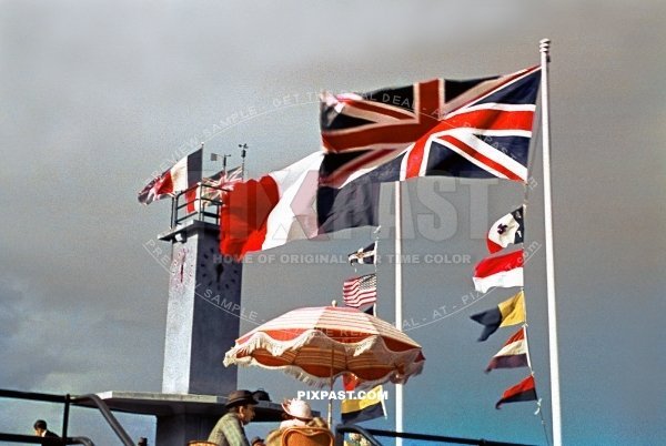 British Union Jack Flag fly beside French Flag on the Normandy beach only 2 days before arrival of German army France 1940