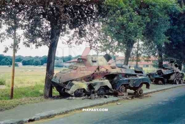 Burned out German Panzerspahwagen (Sd Kfz 232) 8-Rad and Panzerspahwagen Sd.Kfz.231 6-Rad FUNK. France 1940